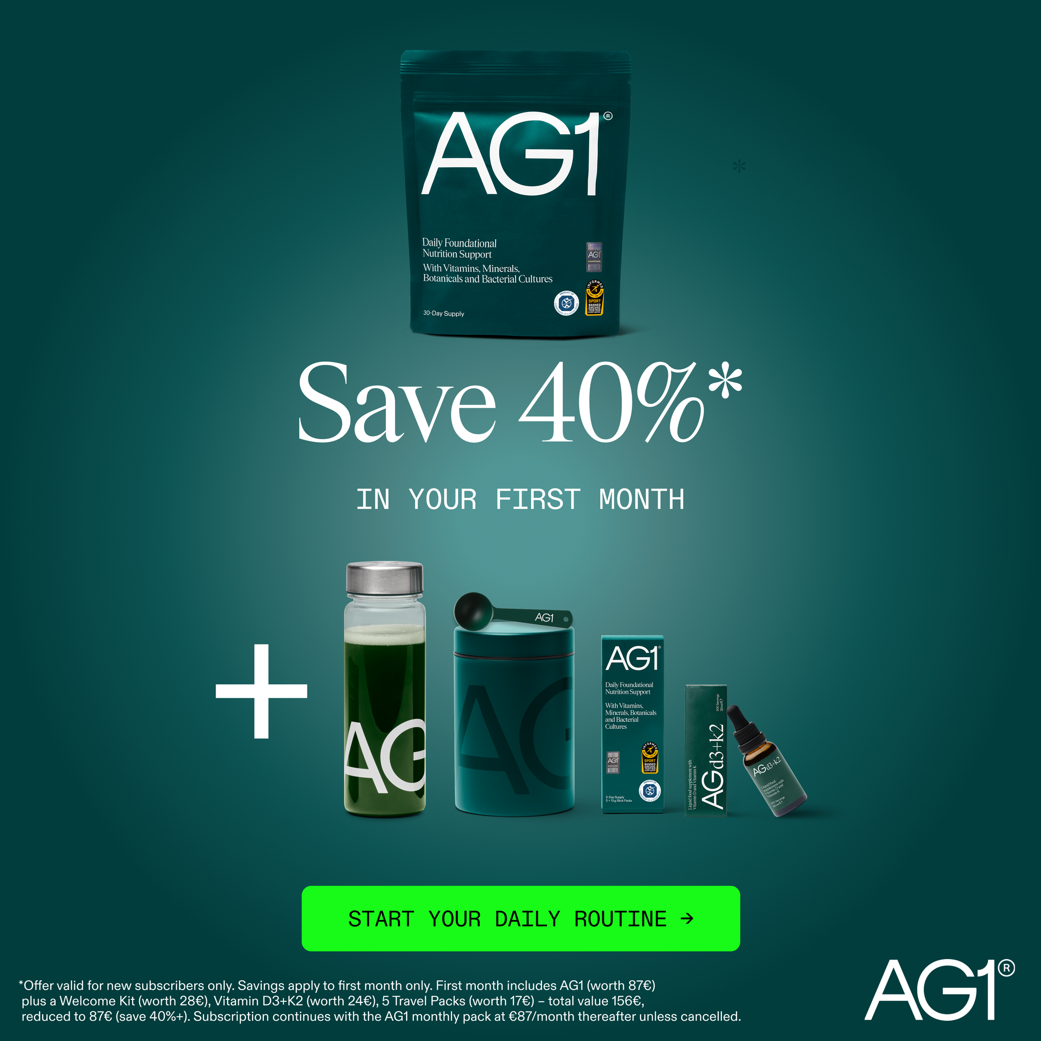 AG1 by Athletic Greens Facebook ad: Save 40% in your first month