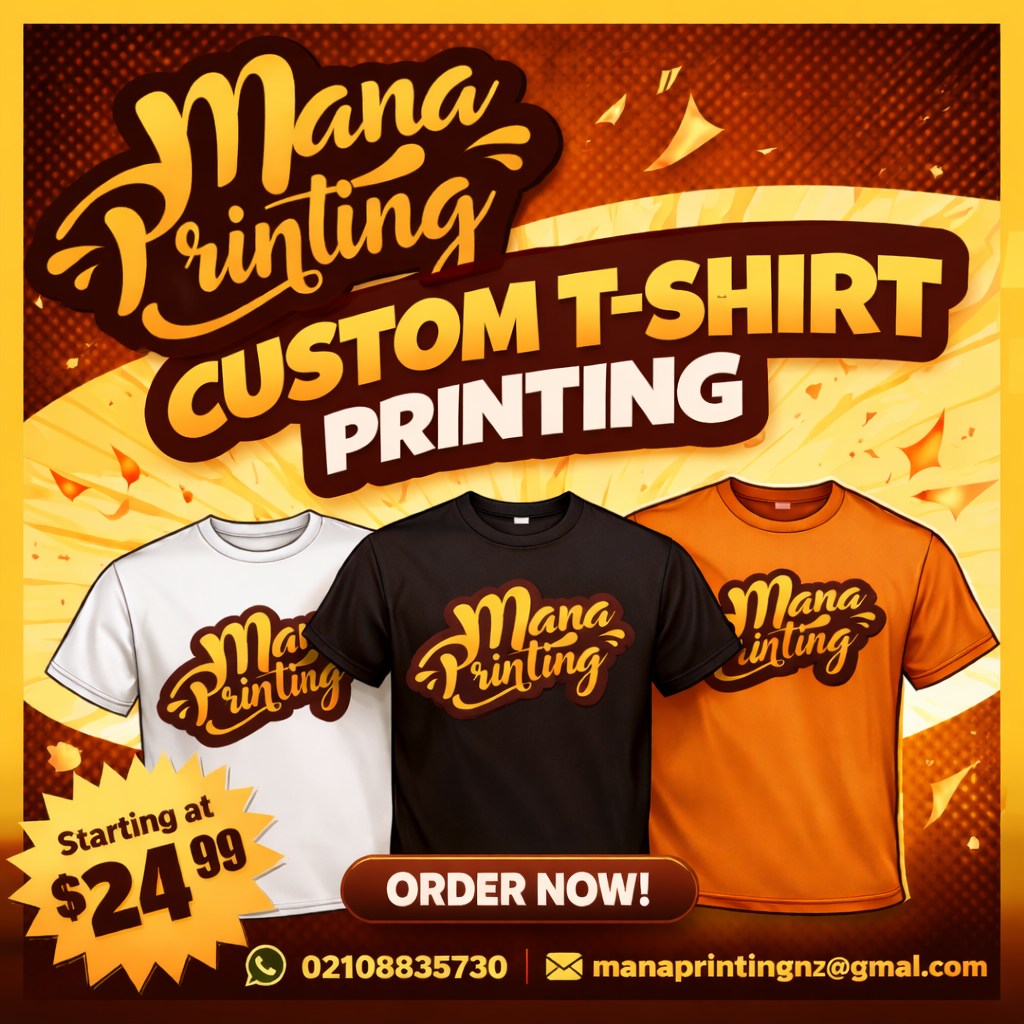 Mana Printing NZ Facebook ad: CUSTOM T-SHIRT PRINTING AVAILABLE!