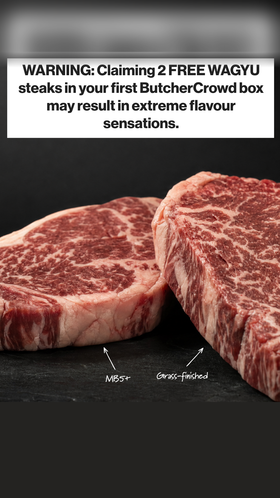 ButcherCrowd Facebook ad: Two free Wagyu steaks in your first box