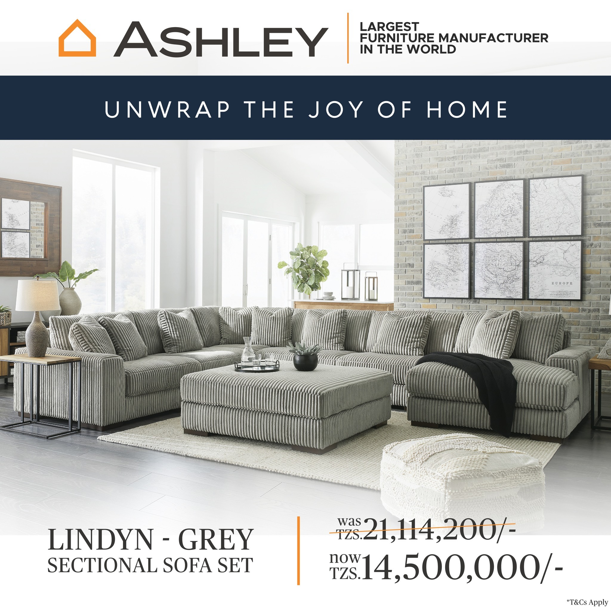Ashley Furniture HomeStore Tz Facebook ad: SINK INTO SOPHISTICATION: THE CORDED SECTIONAL WITH CHAISE