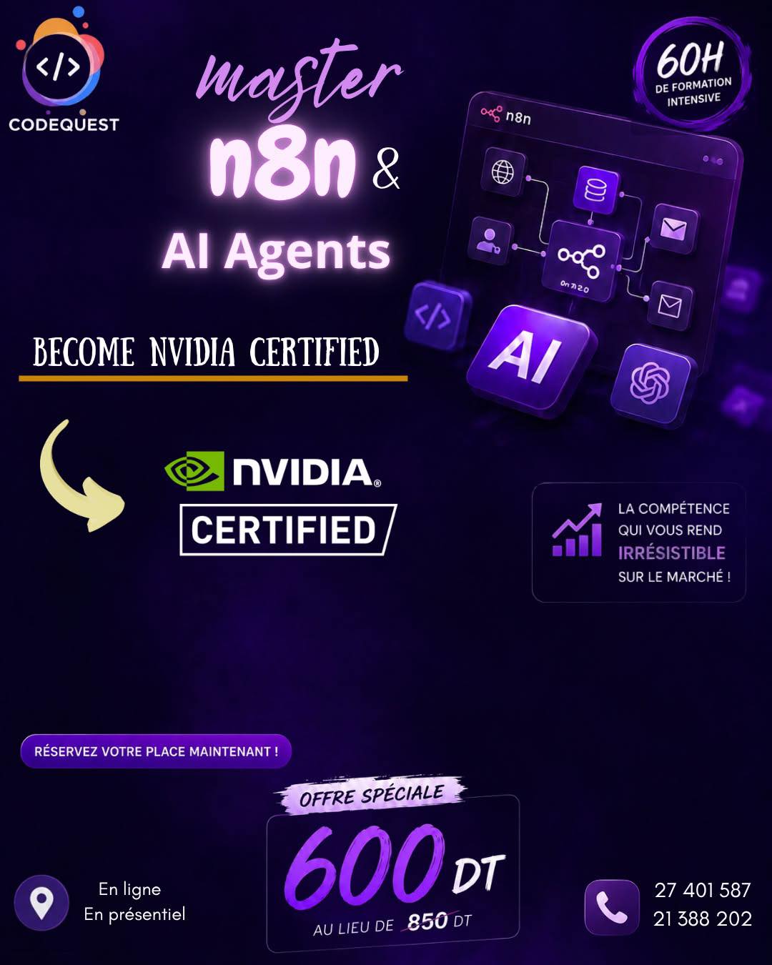 CodeQuest Facebook ad: Vous voulez automatiser vos tâches avec n8n et…