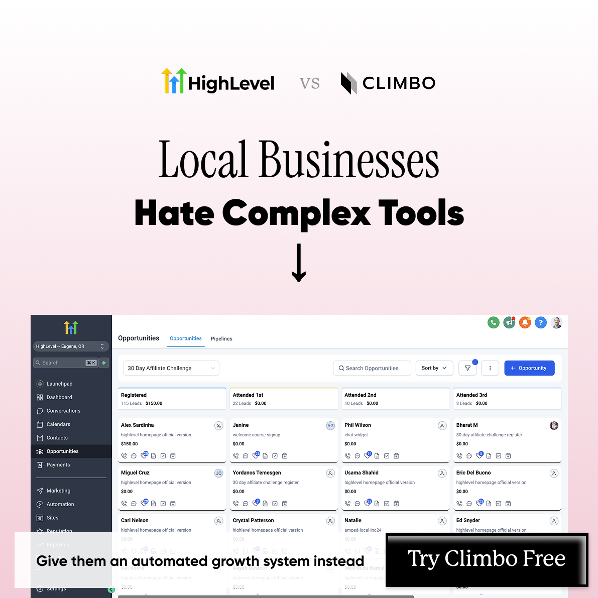 Climbo.com Facebook ad: Local businesses don’t need a complex CRM.