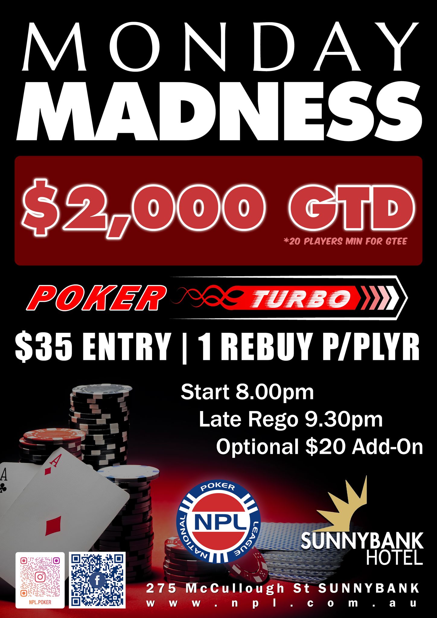 NPL Brisbane South & Gold Coast Facebook ad: MONDAY NIGHT POKER - $2,000 GUARANTEED* NPL Poker…