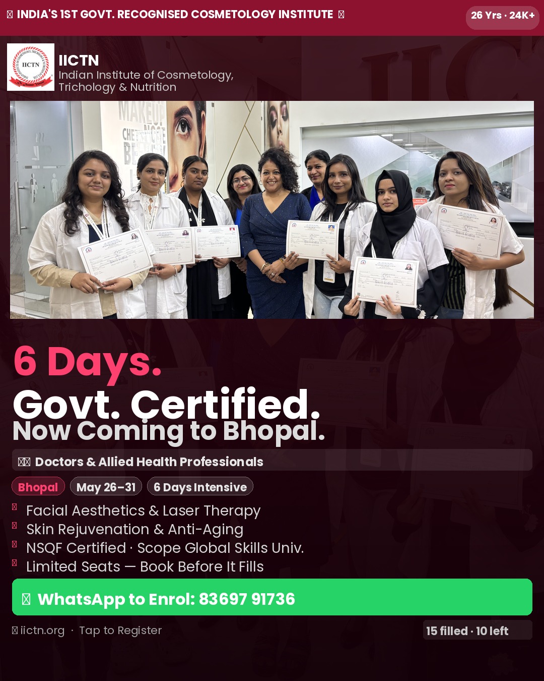 Dr Jhoumer's IICTN Facebook ad: 6 Days. Govt. Certified. Bhopal
