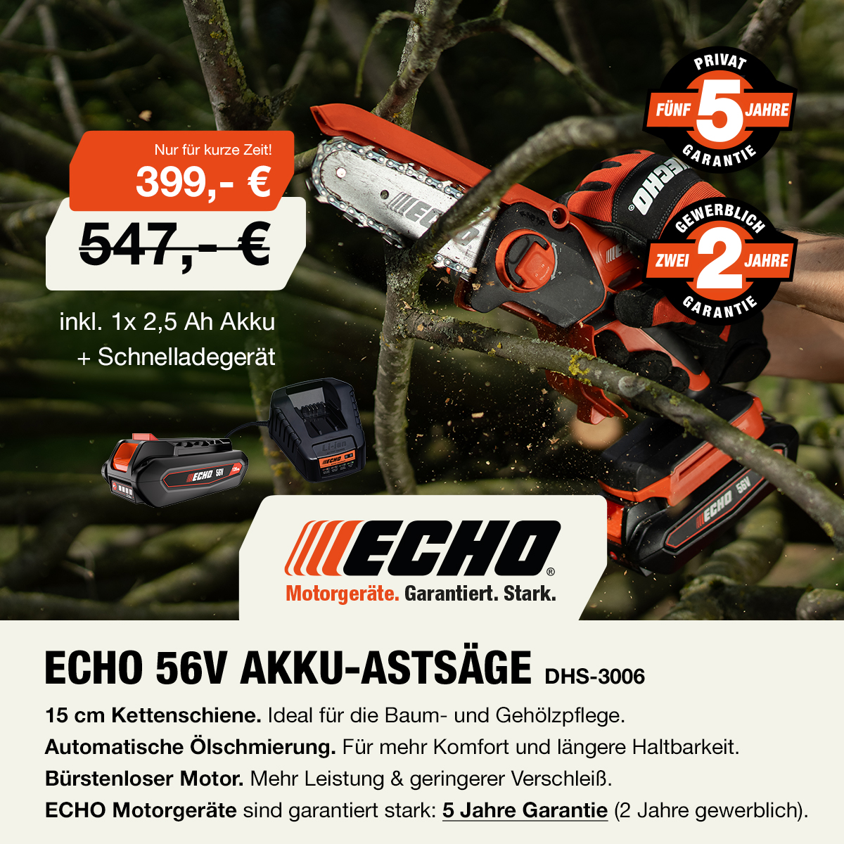 ECHO Motorgeräte Facebook ad: 56V Akku-Astsäge DHS-3006 Ideal für Baumschnitt &…
