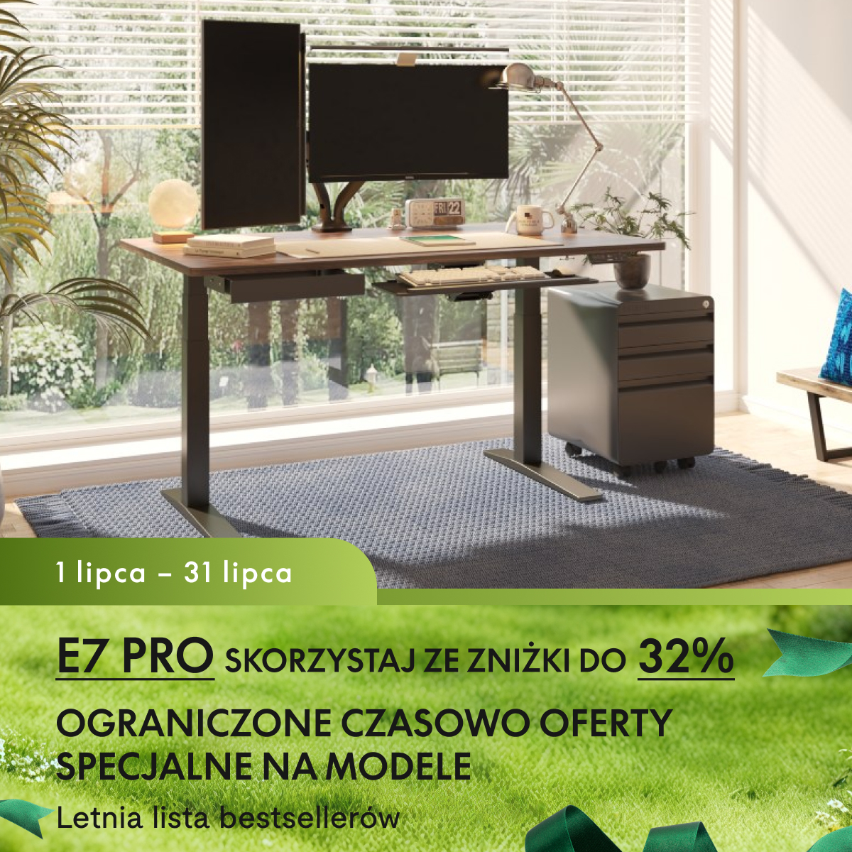 FlexiSpot pl Facebook ad: E7 PRO, do -32% | Letnia lista bestsellerów