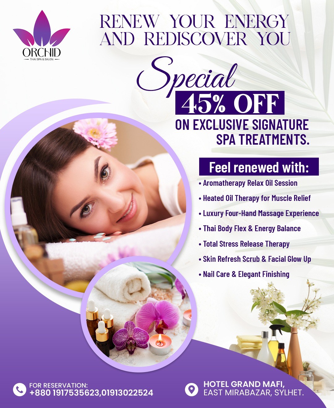 Orchid Thai Spa & Salon Facebook ad: Enjoy 45% OFF on Signature Massage Experiences!