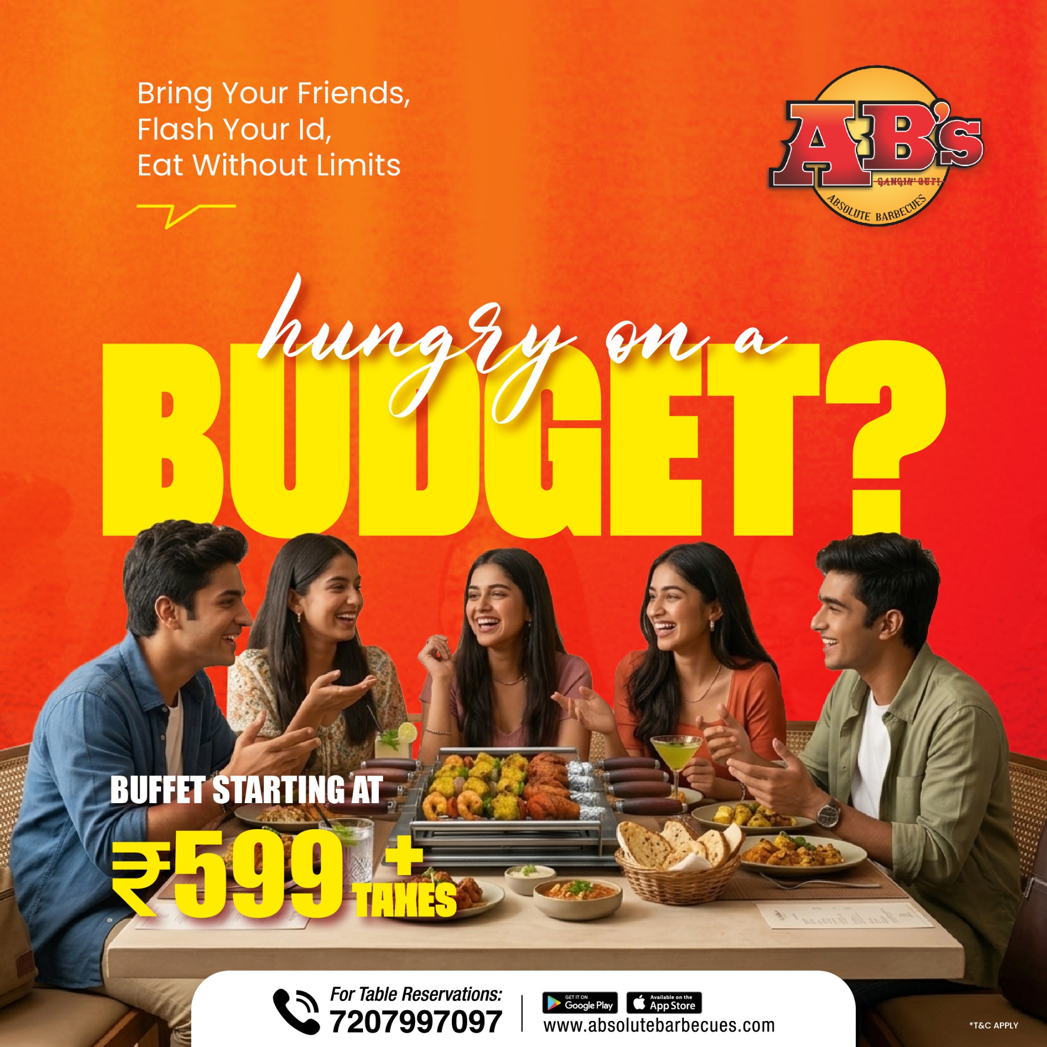 Absolute Barbecues India Facebook ad: Skip the Mid Cafes. Unlimited Feast @ ₹599!