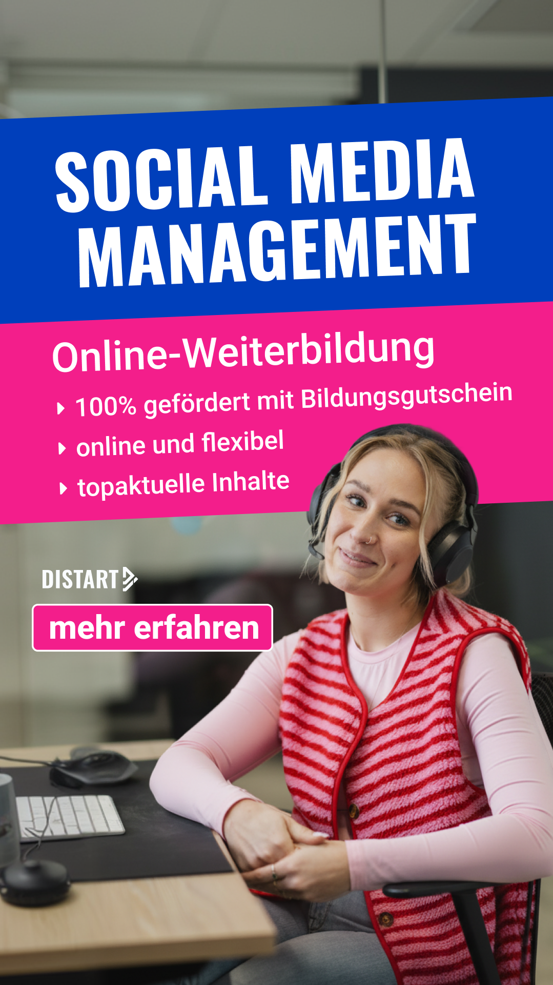 Distart Facebook ad: Online Weiterbildung: 0 € mit Bildungsgutschein