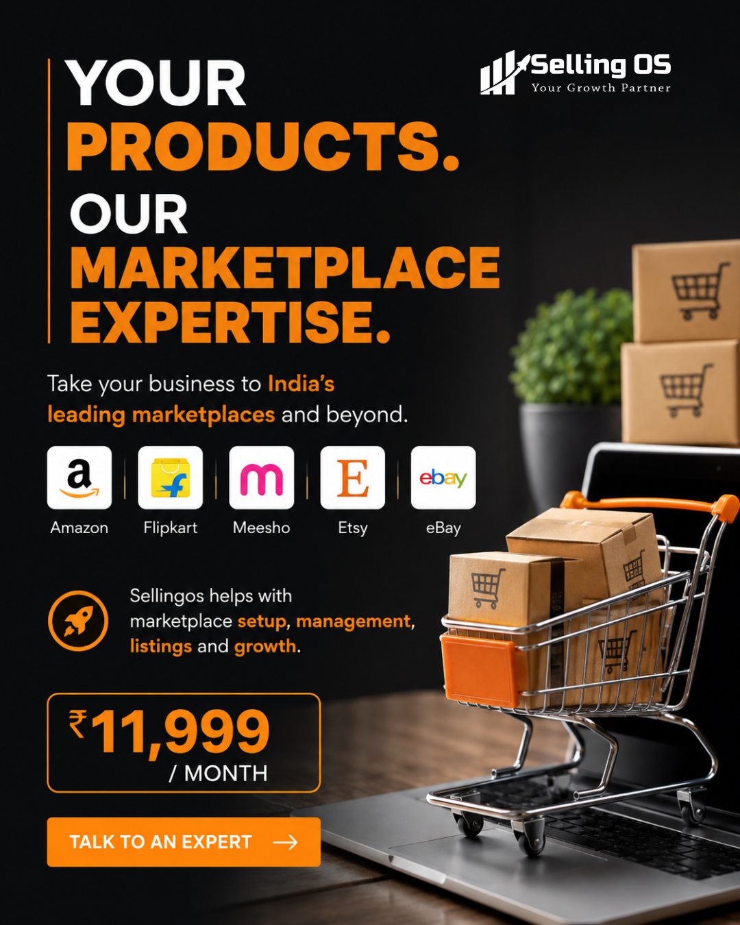 Sellingos Facebook ad: Your Products. Our Marketplace Expertise.