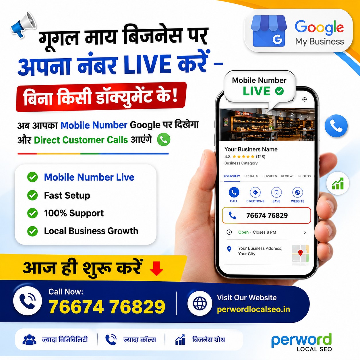 PerwordWriting Facebook ad: **Get Your Mobile Number LIVE on Google Business…