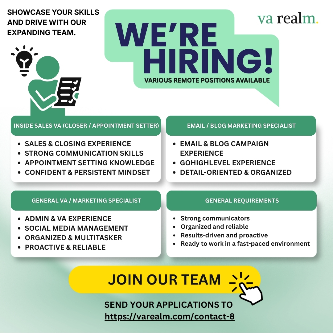 VA Realm. Facebook ad: WE ARE HIRING: Multiple Remote Roles Available!
