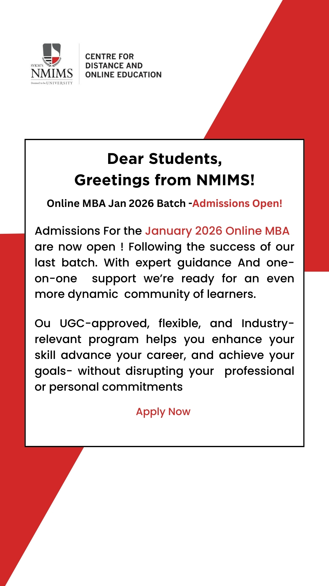 NMIMS Online MBA Facebook ad from Feb 24, 2026