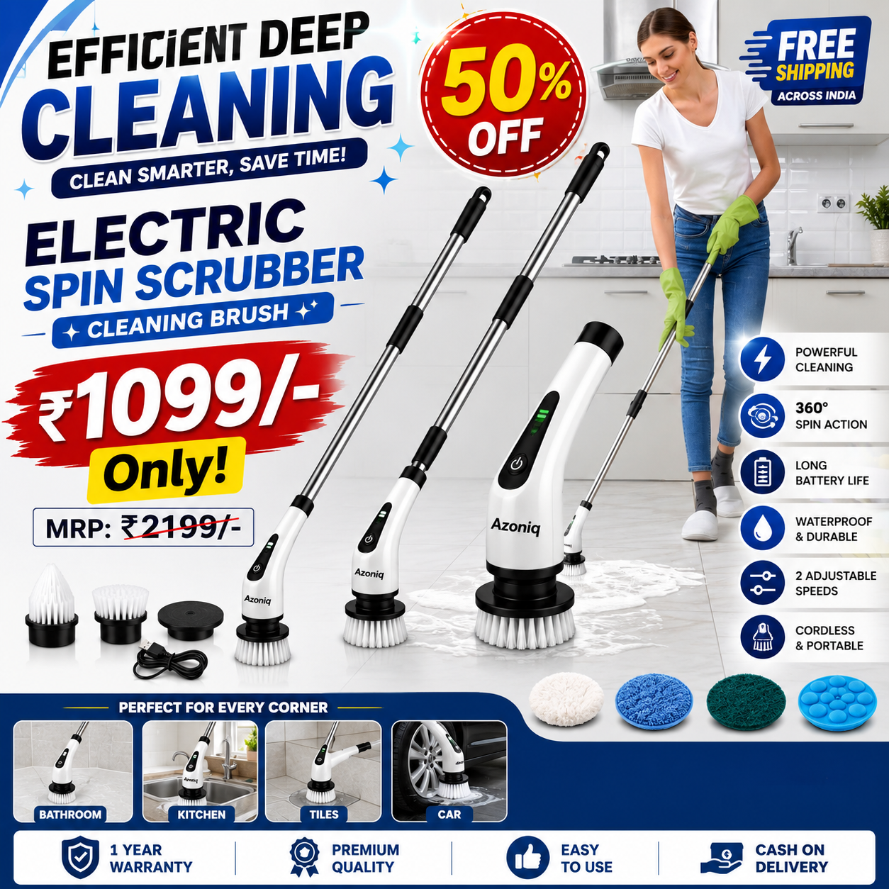 Azoniq Facebook ad: 9-in-1 Electric Spin Scrubber, ₹1099