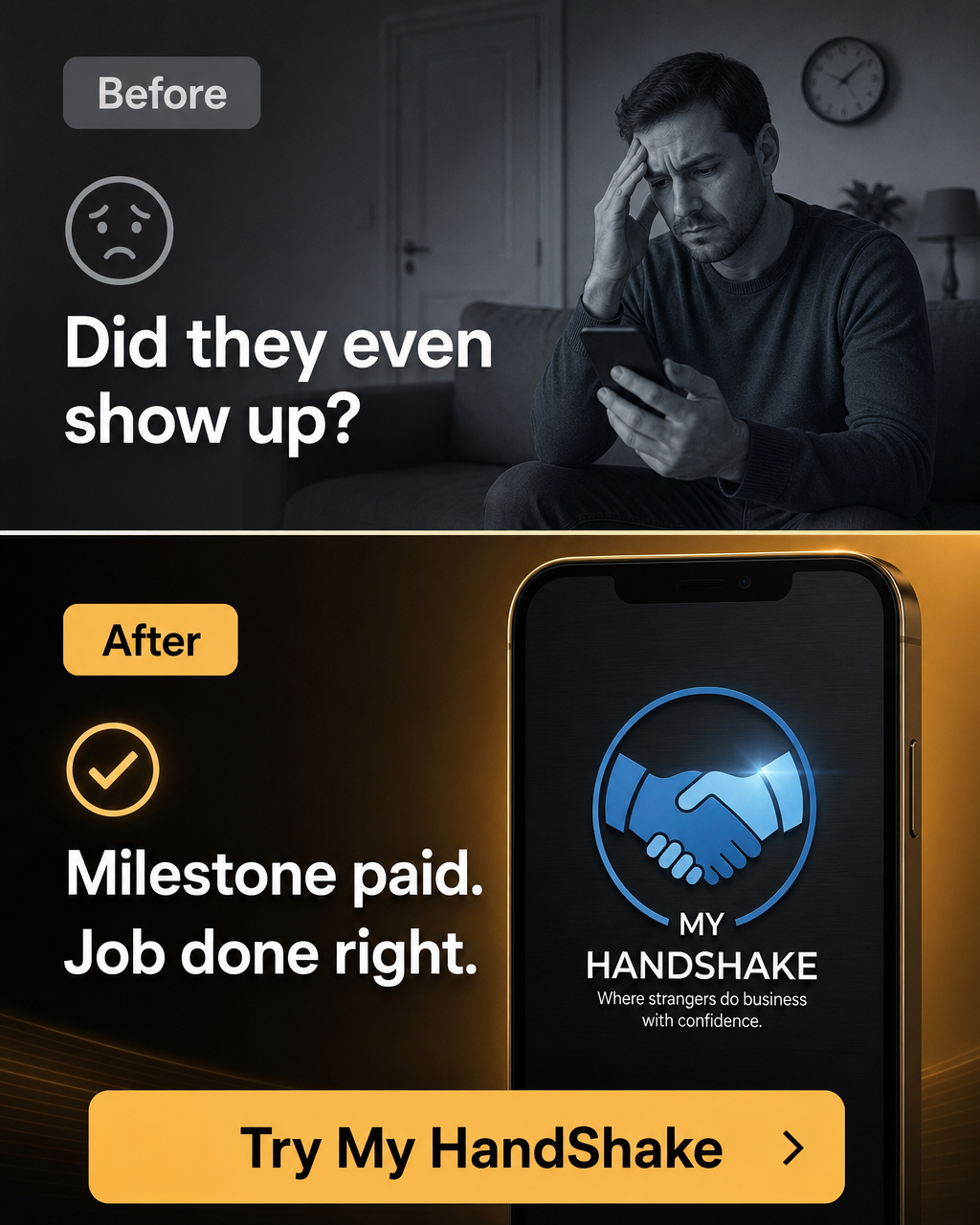 Handshakeapp Facebook ad: Milestone paid. Job done right.
