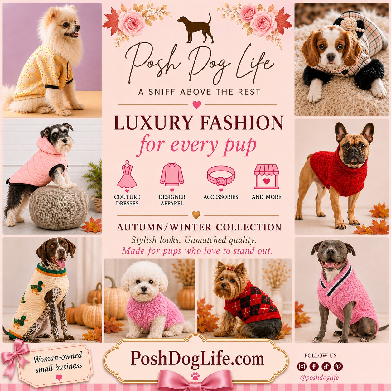 poshdoglife.com Facebook ad: Posh Dog Life | A Sniff Above the Rest | Chic Dog Apparel