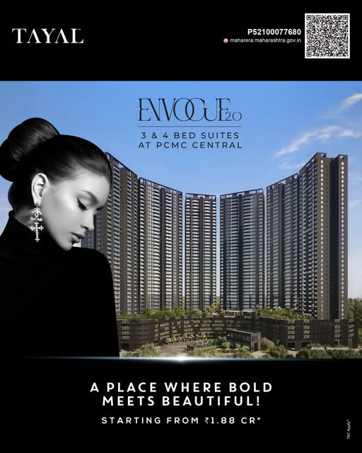 Tayal Corp Facebook ad: Envogue 2.0 - 3 & 4 Bed Suites in PCMC Central ₹1.83 Cr*…