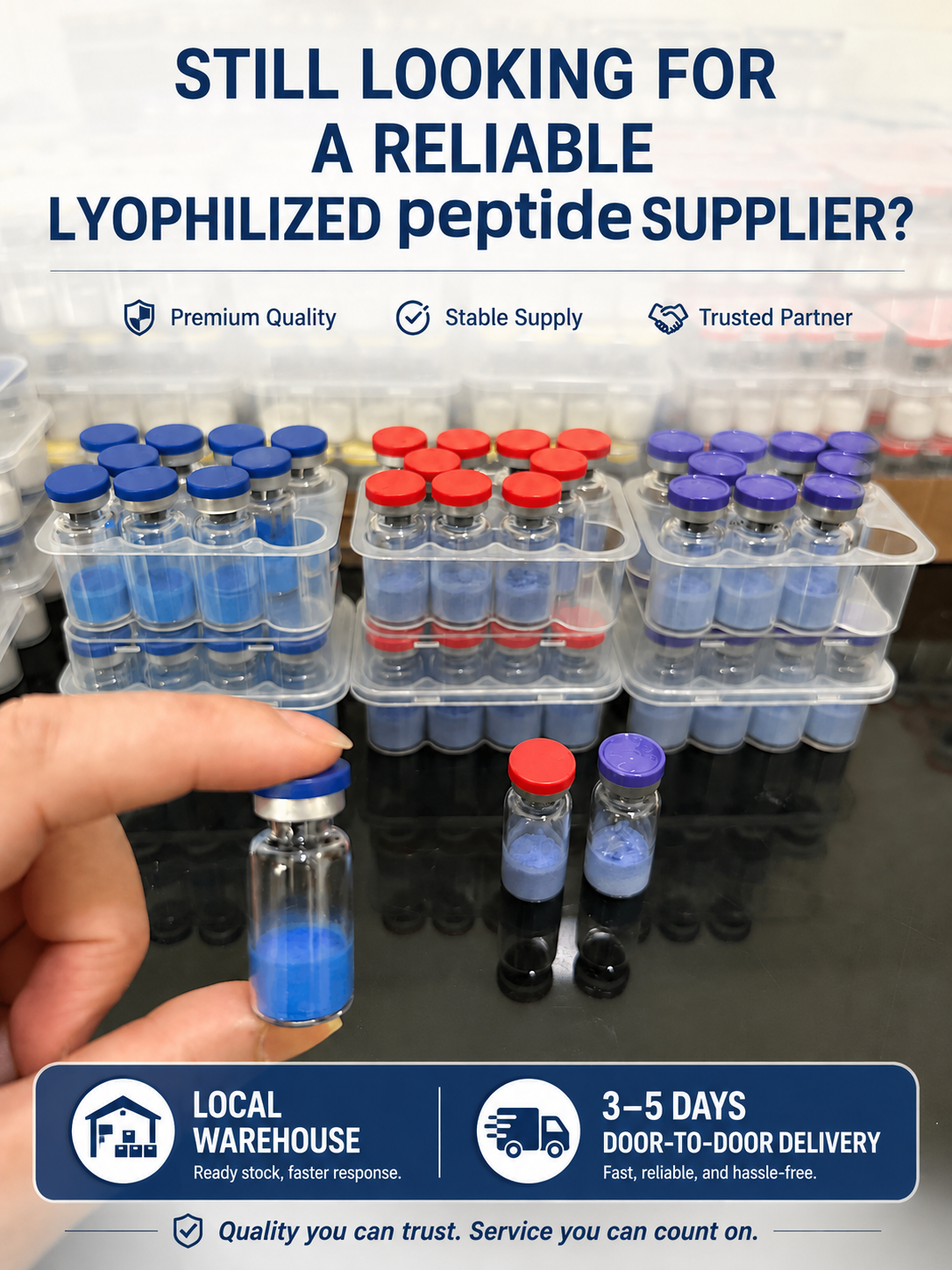 Peptide manufacturer Facebook ad: Double Customs Clearance + Door-to-Door Delivery