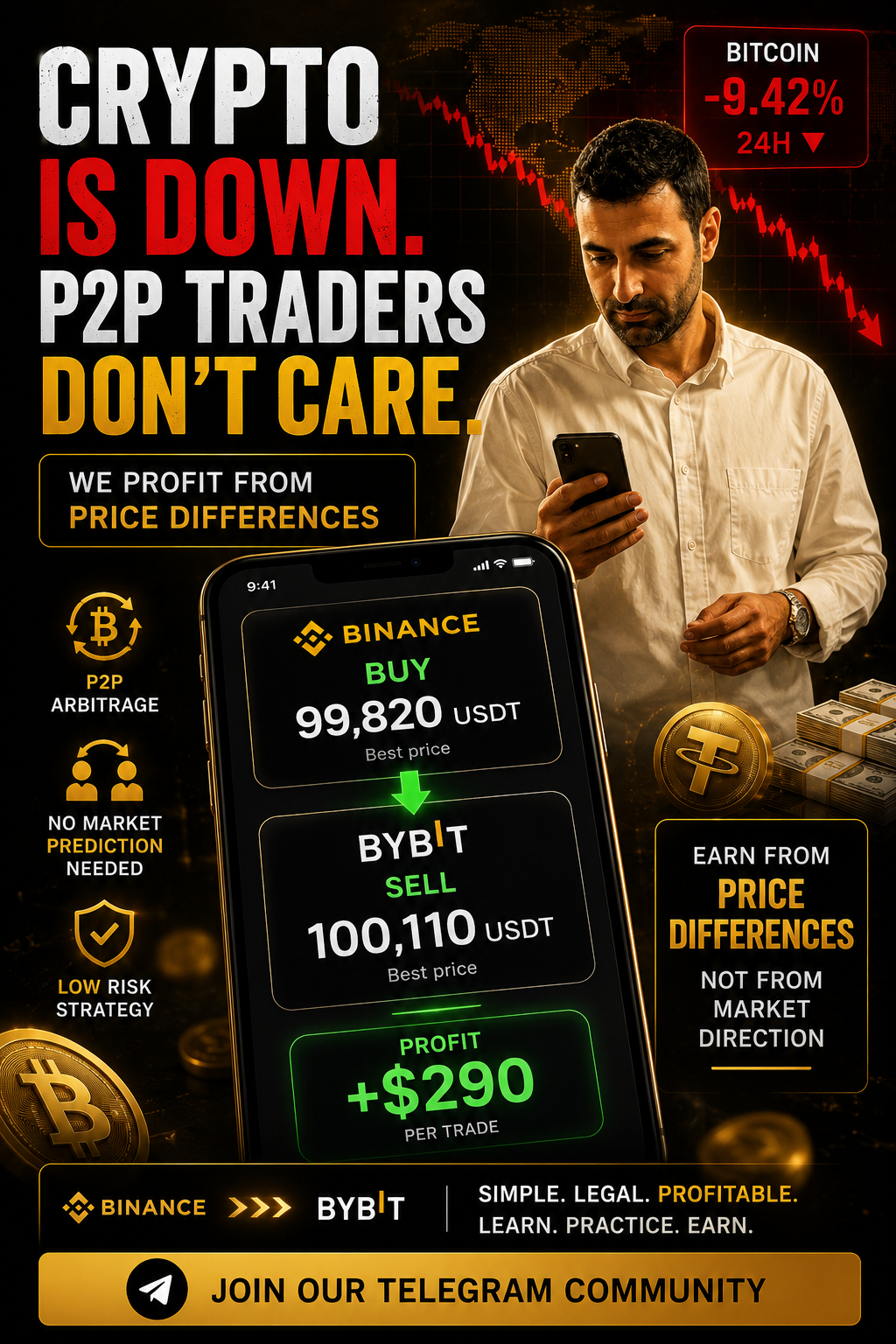Crypto Arbitrage Pro Facebook ad: LEARN IN TELEGRAM