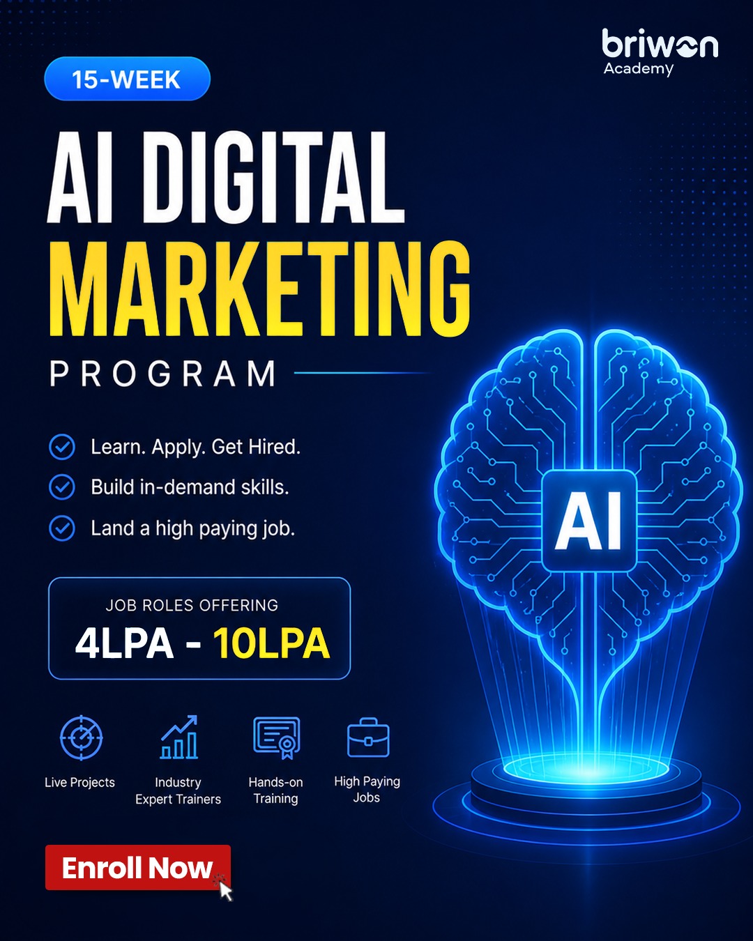 Briwon Academy Facebook ad: Digital Marketing + AI Course, Limited Seats