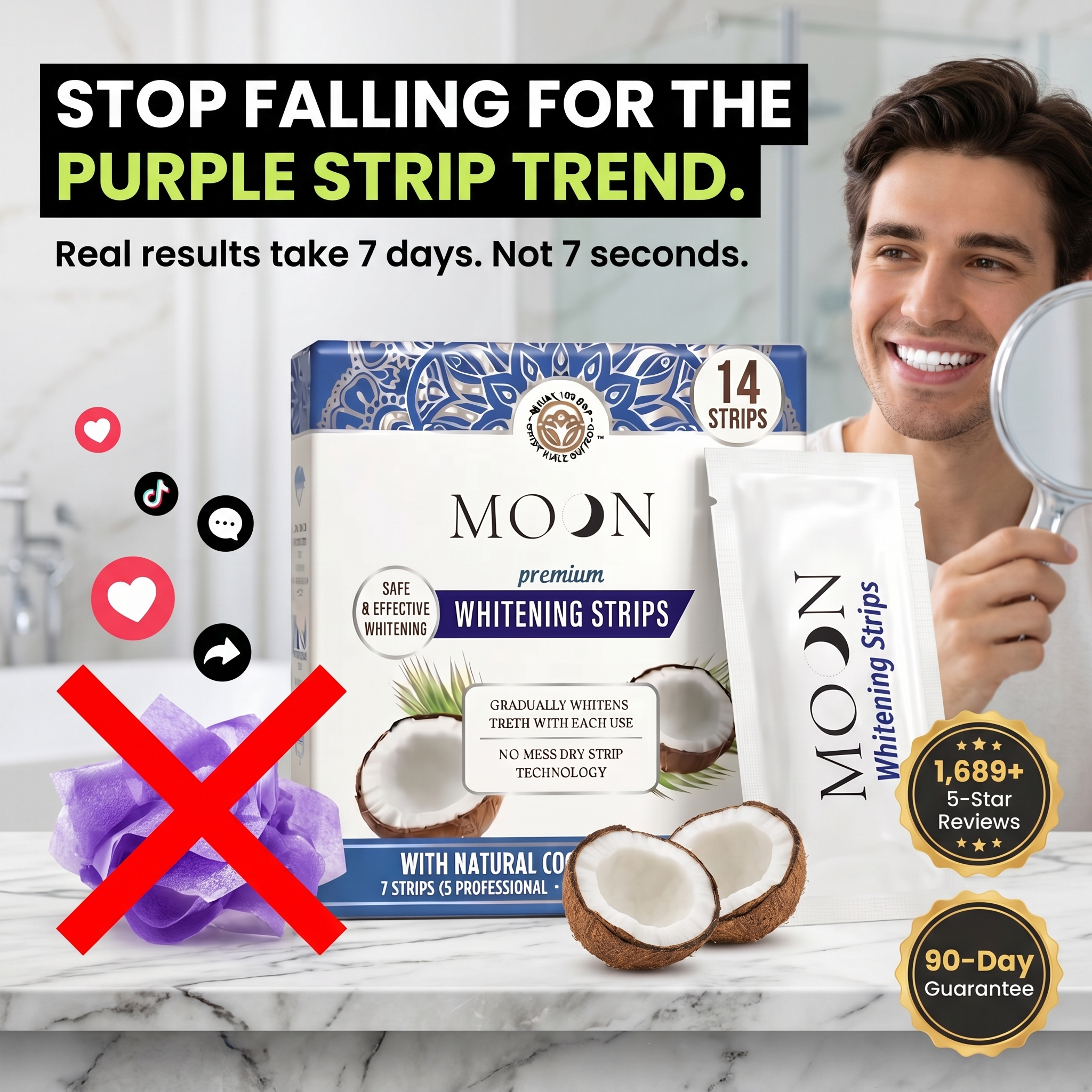 Moonwhiteshop Facebook ad: Stop using purple whitening strips!