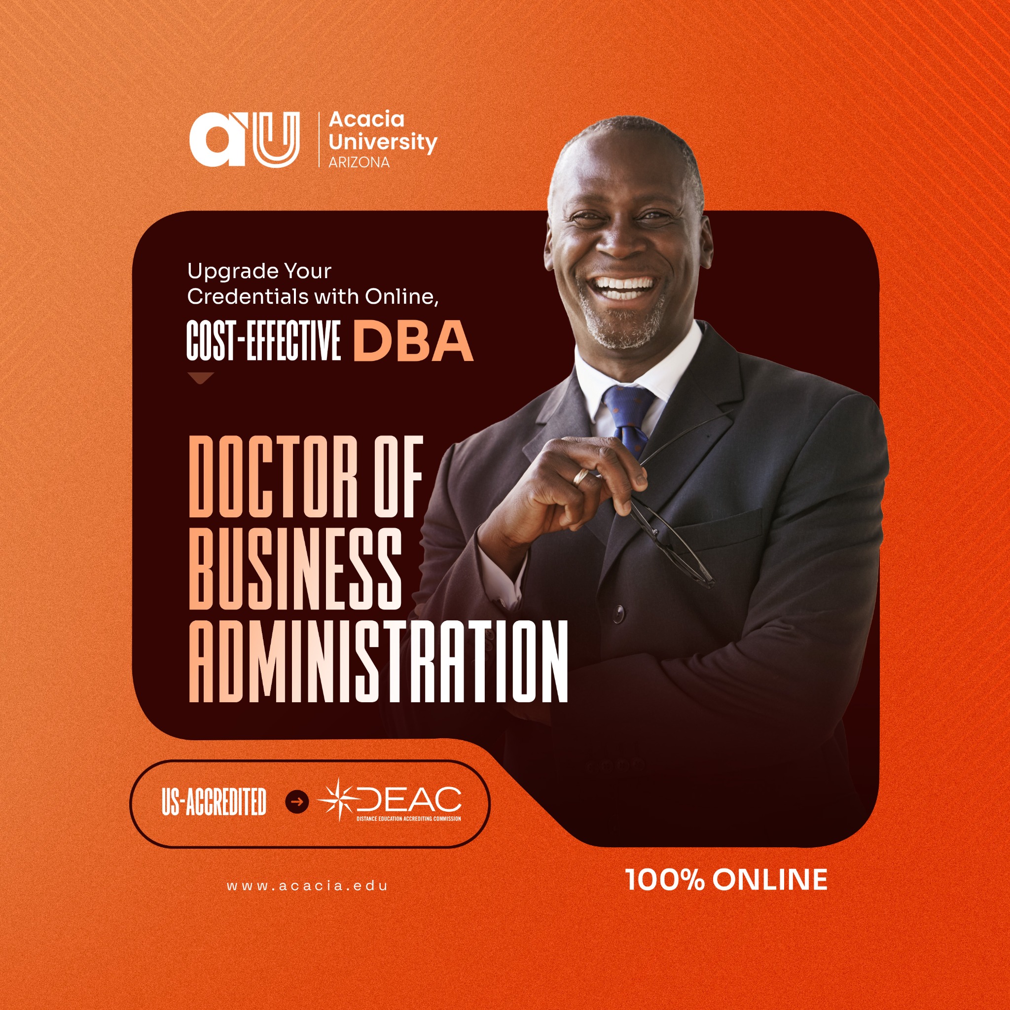 Acacia University Facebook ad: 100% Online & Affordable | DBA for Global Professionals |…