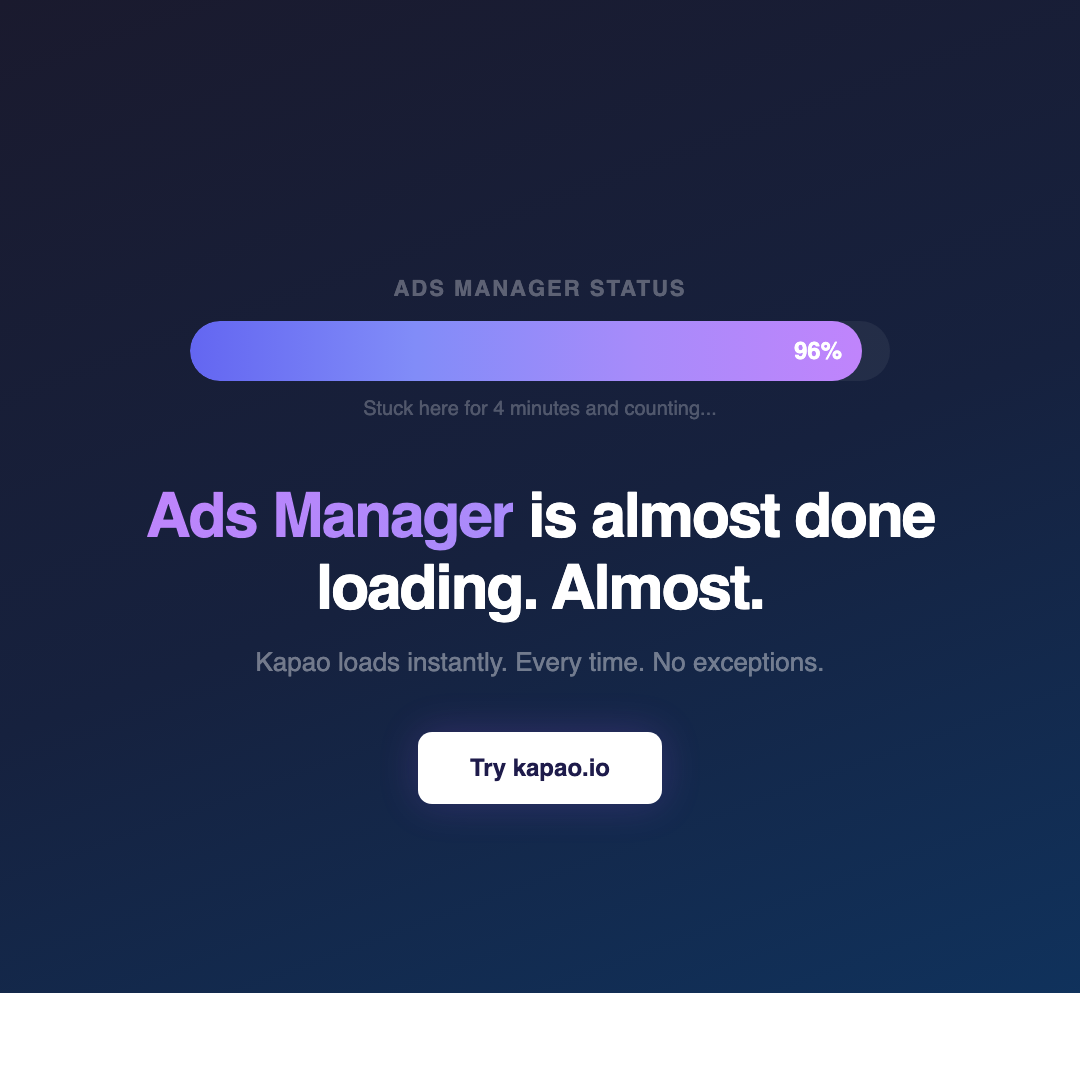 kapao Facebook ad: Tired of Waiting on Ads Manager?