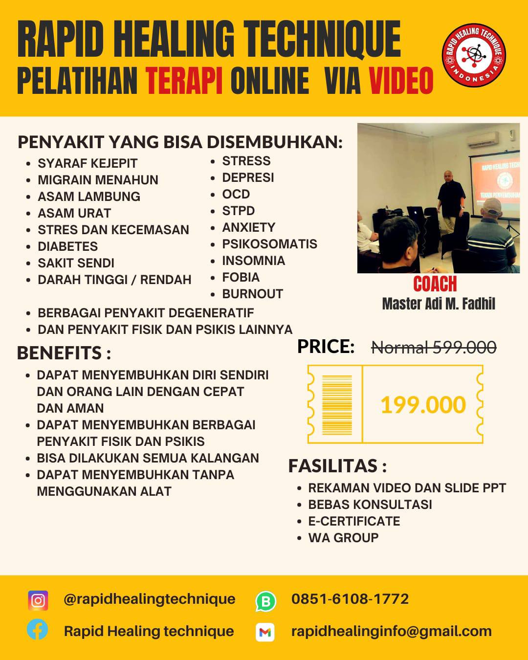Rapid Healing Technique Facebook ad: Video pelatihan online penyembuhan cepat.