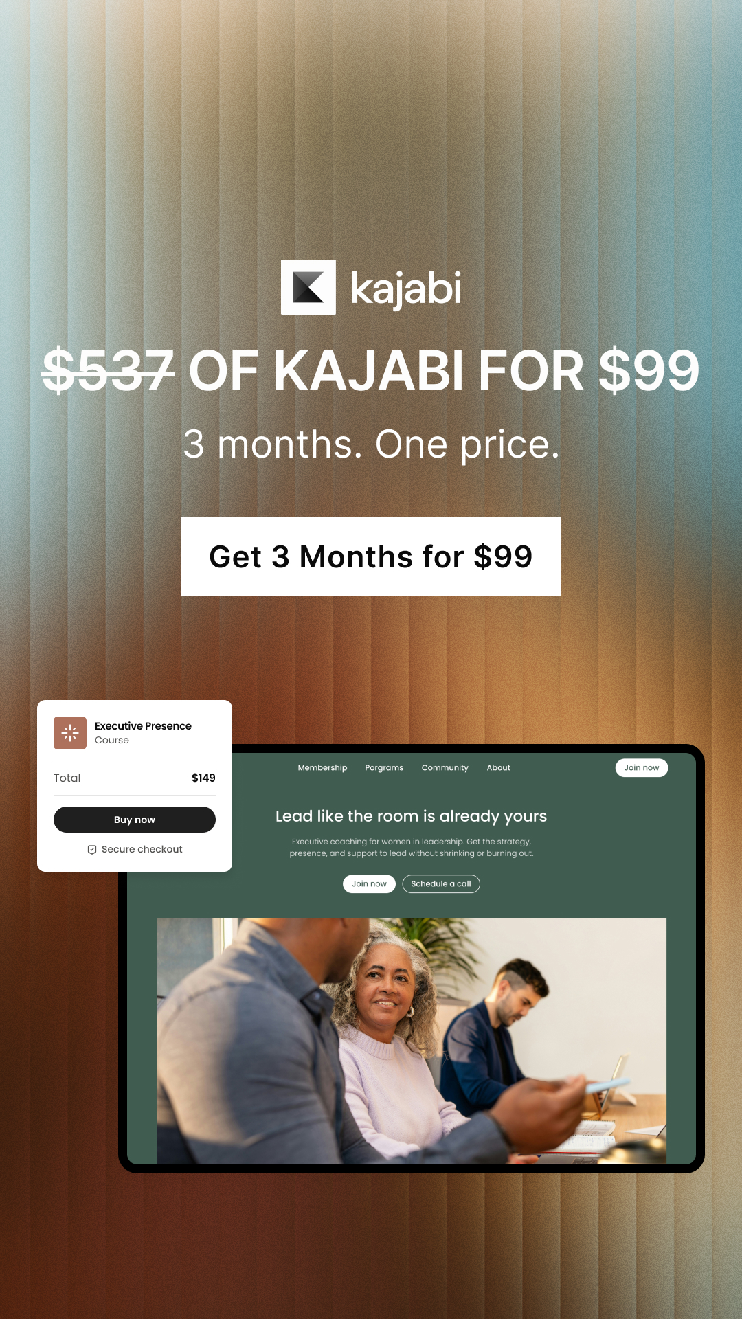 Kajabi Facebook ad: Three months. One platform. Unlimited potential.