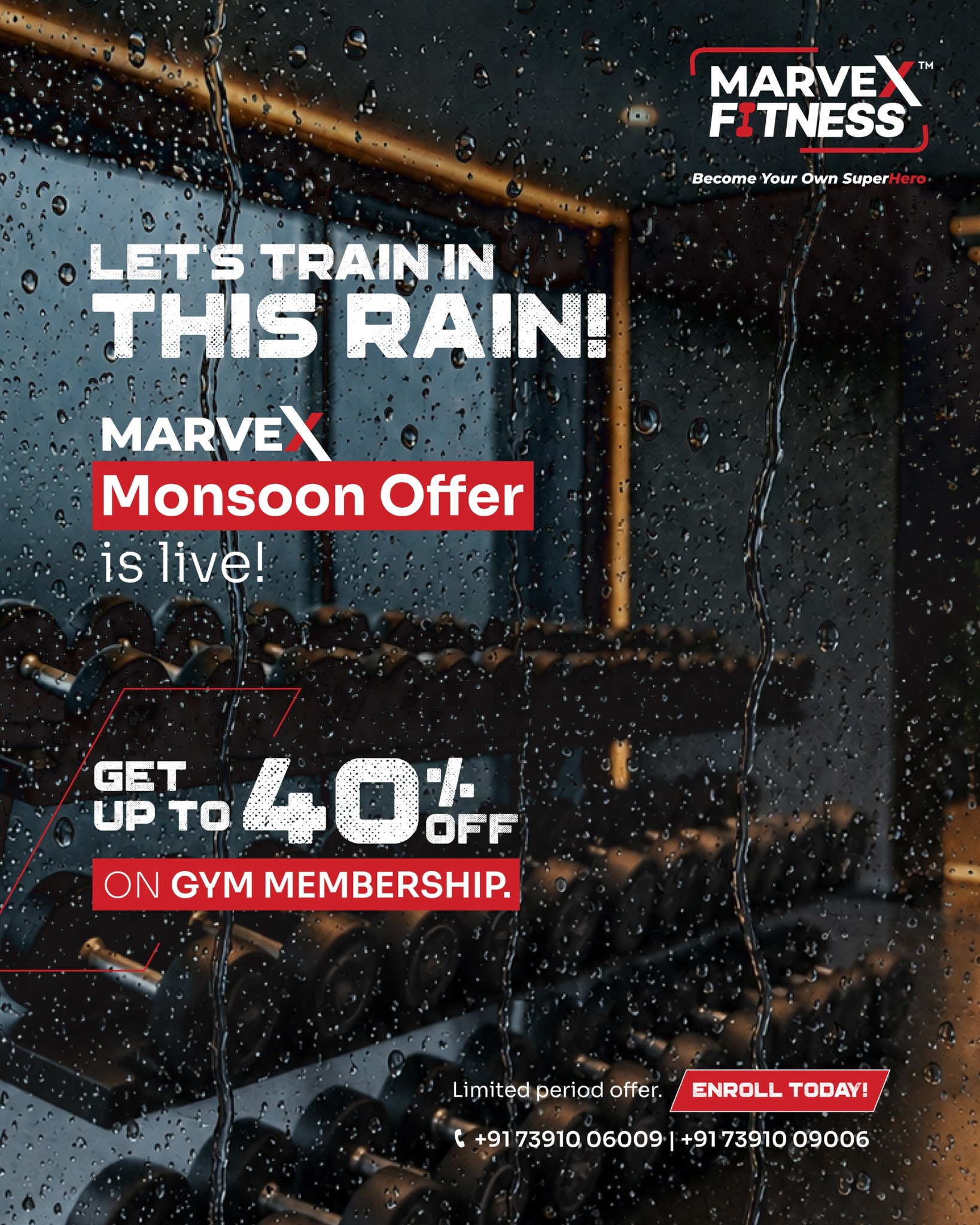 Marvex Fitness Facebook ad: Your fitness goals don’t need a rain break.