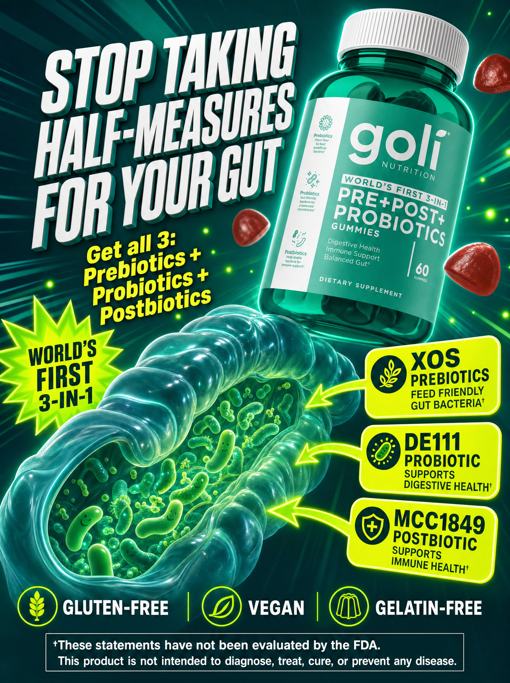 Goli Facebook ad: Three Biotics. One Gummy. World's First.