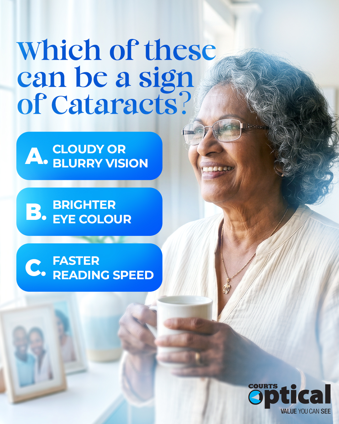 Courts Optical Belize Facebook ad: Cataracts can develop gradually, so it helps to…