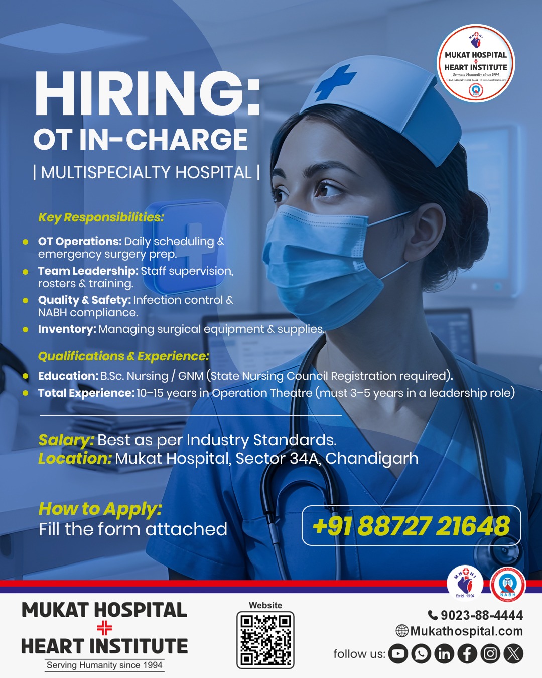 Mukat Hospital + Heart Institute Facebook ad: Hiring: OT In-Charge | 10+ Years Exp.