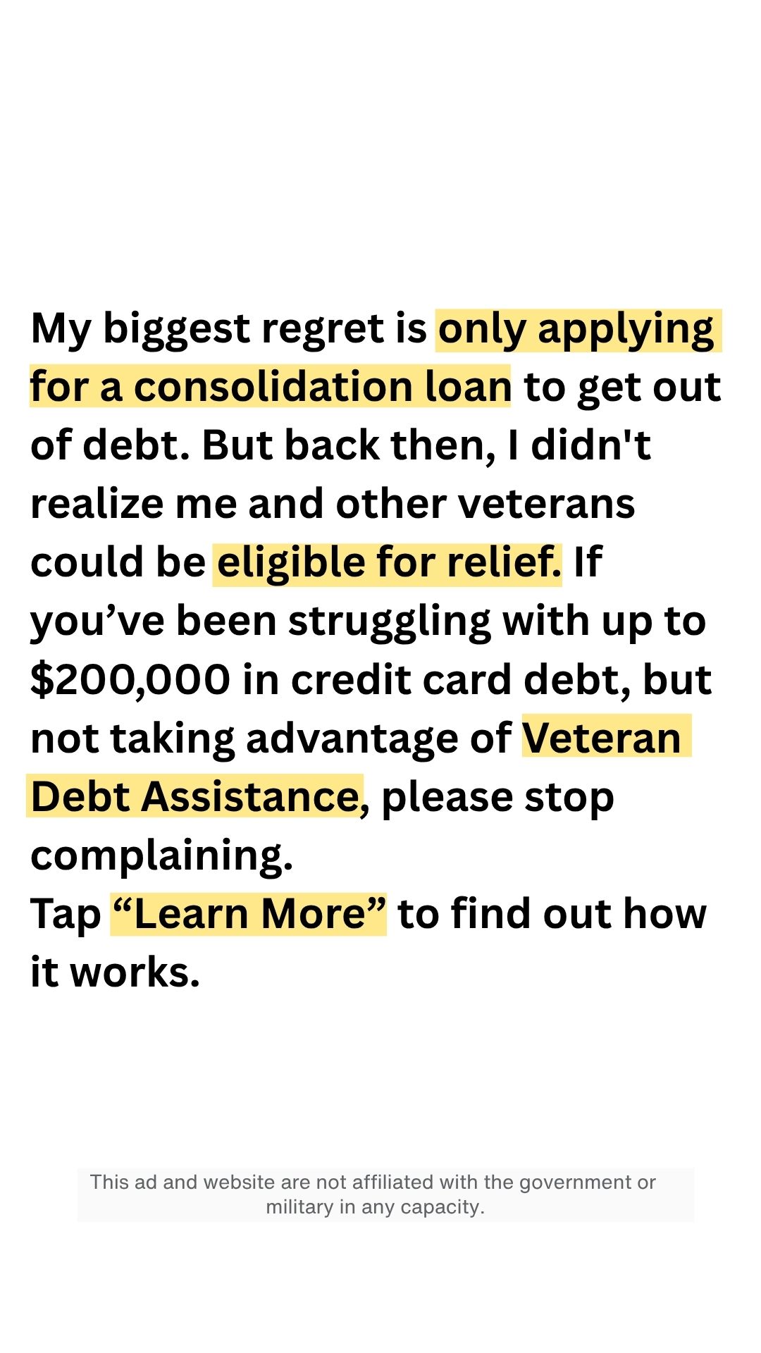 Veteran Debt Assistance Facebook ad
