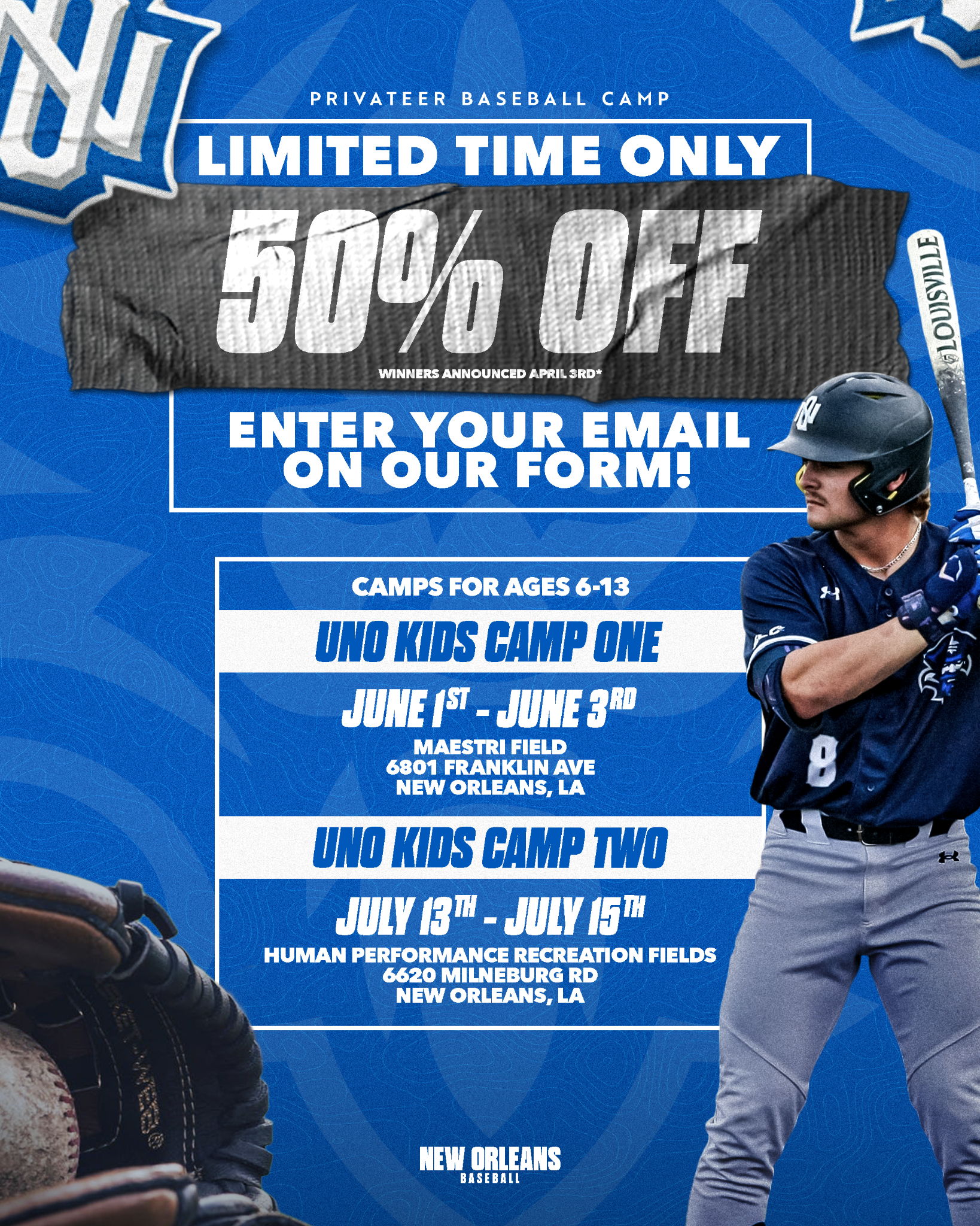 New Orleans Baseball Camps Facebook ad: Enter to Win 50% Off Camp