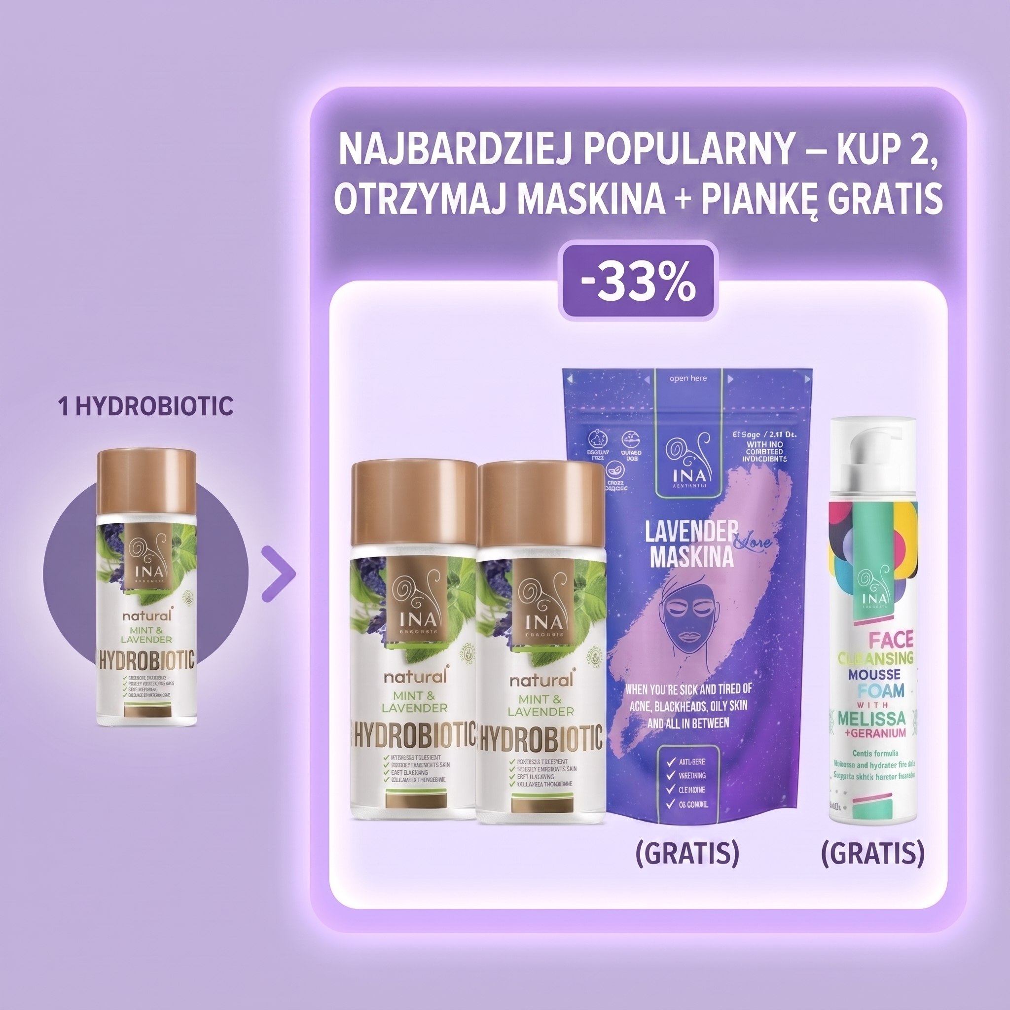 InaEssentials.pl - Naturalne i Organiczne Kosmetyki Facebook ad: Kup 2 Hydrobiotic, maska Maskina i pianka gratis