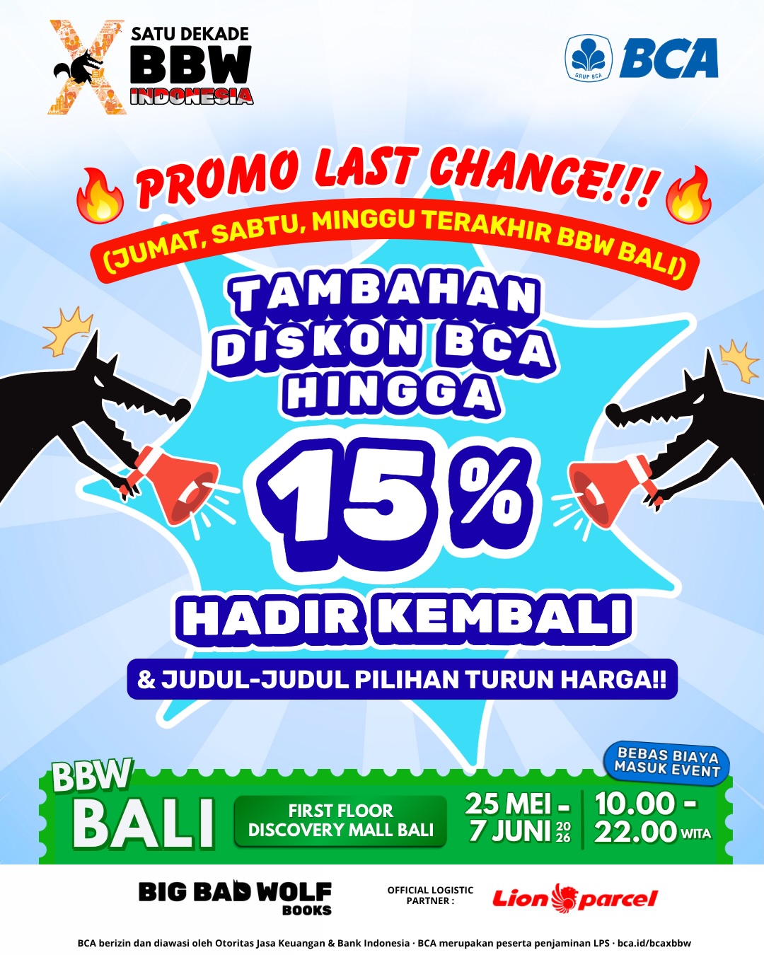 Big Bad Wolf Books Facebook ad: ๐๐ฎ๐น๐ถ ๐ฆ๐ฎ๐น๐ฒ - TAMBAHAN DISKON BCA HINGGA 15%โฆ