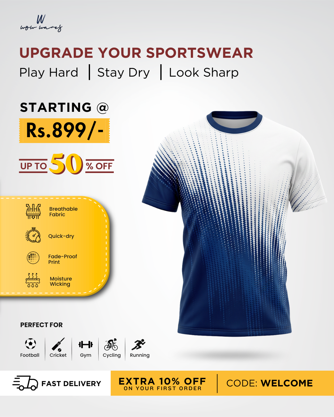 WOW WAVES Facebook ad: Quick-Dry AOP Sports T-Shirts | Shop Now