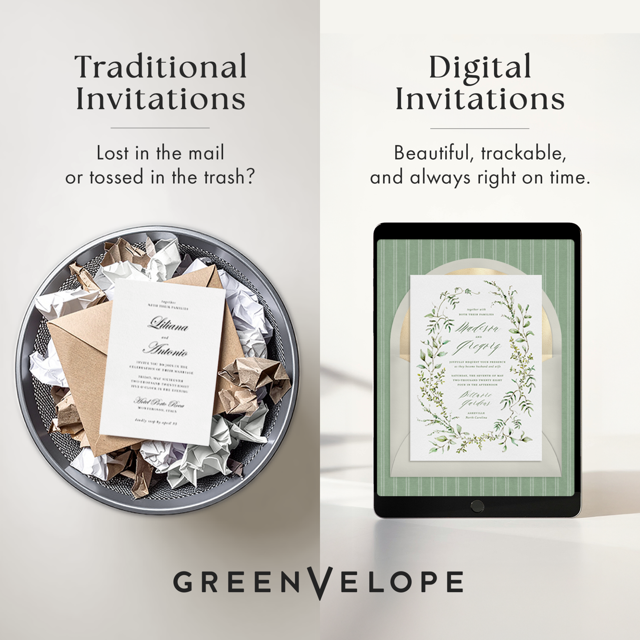 Greenvelope Facebook ad: Paper invitations come with delays, waste, and guesswork.