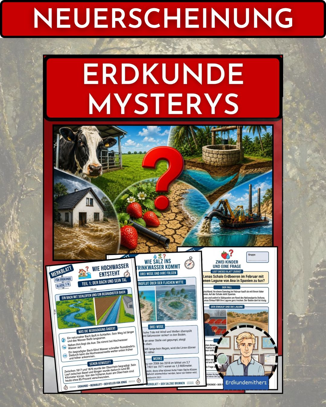 erdkundemitherz Facebook ad: Fünf Fälle. Fünf große Erdkundethemen.