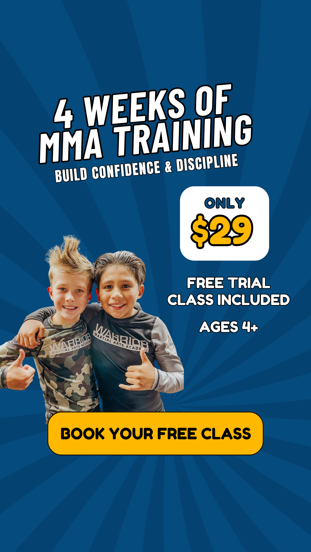 Warrior Martial Arts Academy Facebook ad from Feb 27, 2026