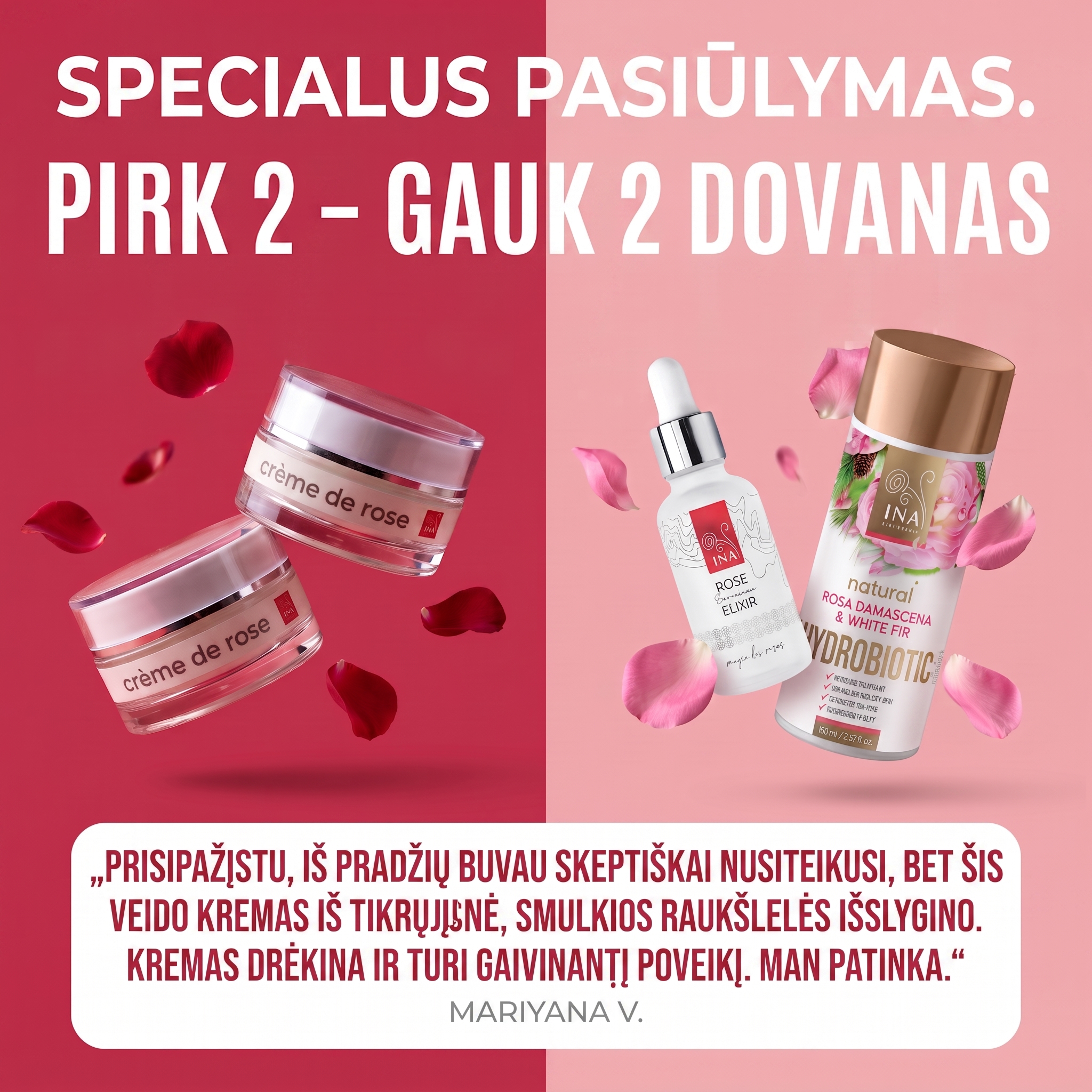 Šeimos Organinė Kosmetika - InaEssentials.lt Facebook ad: Pirk 2 Crème de Rose ir gauk 2 dovanas