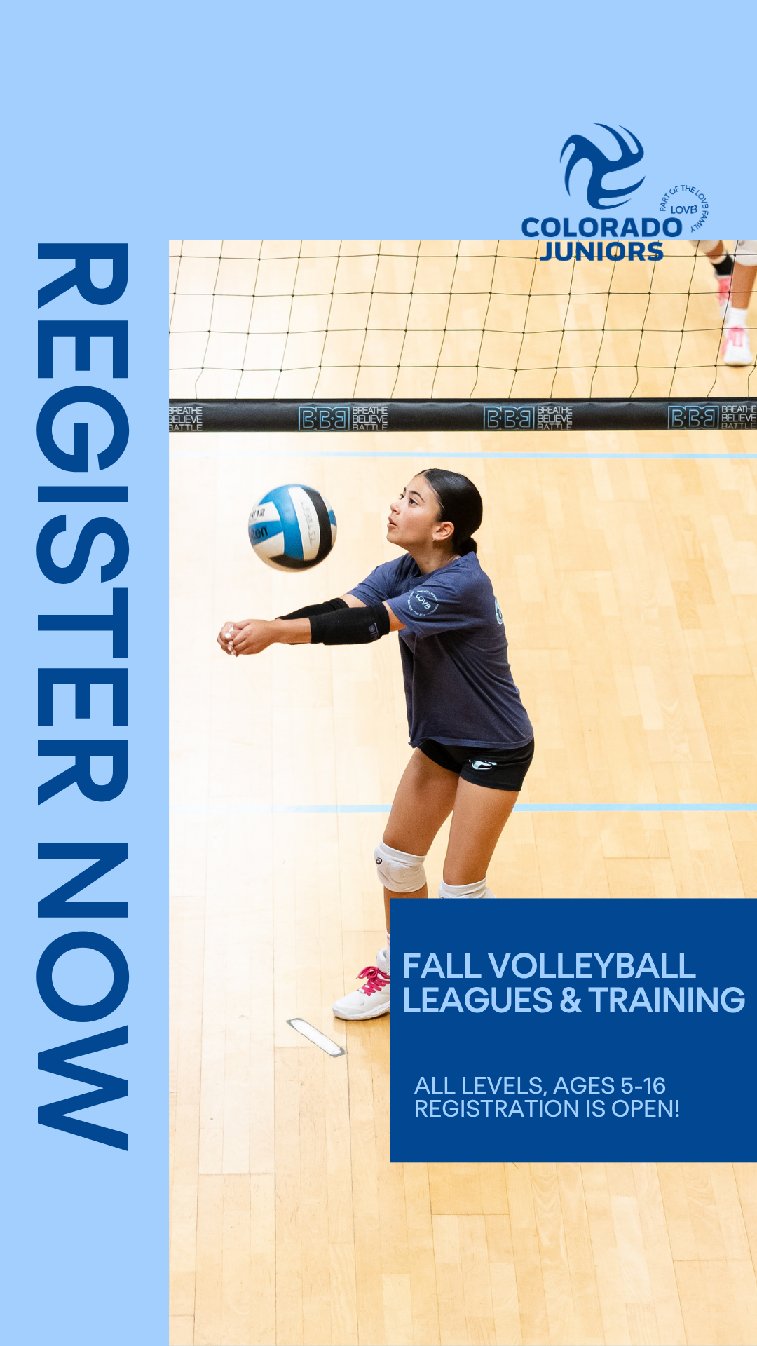 Colorado Juniors Volleyball Facebook ad: Fall Volleyball Is Back, Sign Up Now