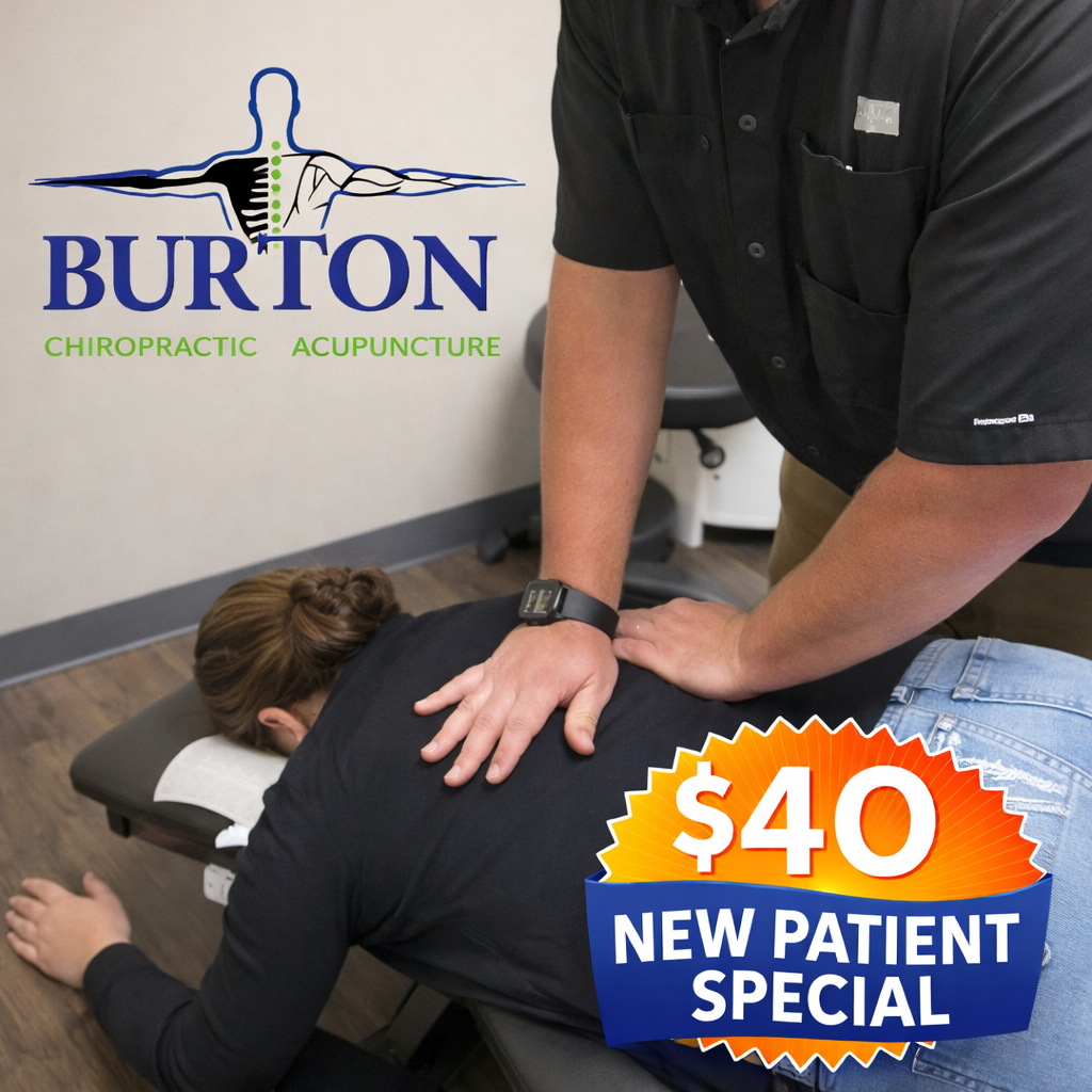 Burton Health and Wellness Facebook ad: Say Goodbye to Pain - New Patient Exam Only $40
