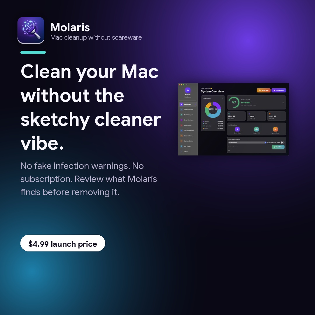 Molaris Facebook ad: Clean your Mac without the sketchy cleaner vibe.