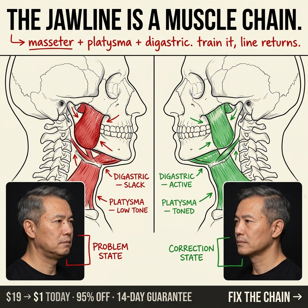 Faceplastica & Biohacking Program for Men Facebook ad: Sharp jaw in 28 days · $1 today