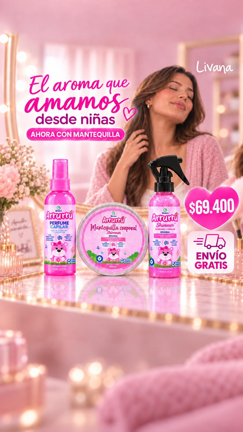 Livana Facebook ad: Tu aroma favorito en un kit rosado