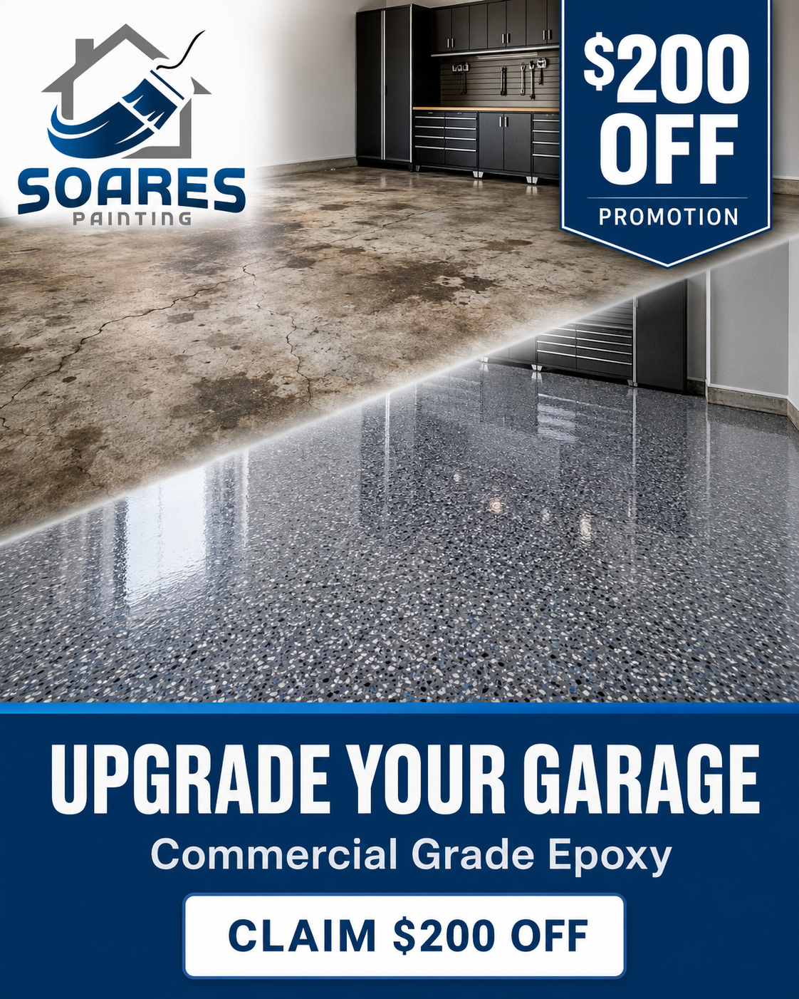 Soares Painting LLC Facebook ad: $200 OFF Epoxy Garage Floors