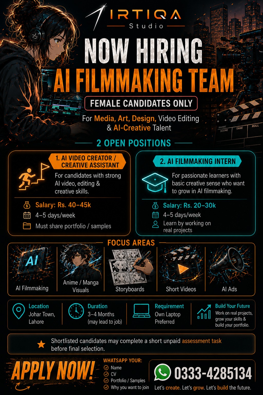 Irtiqa Fitness Club Facebook ad: **Now Hiring: AI Filmmaking Team**