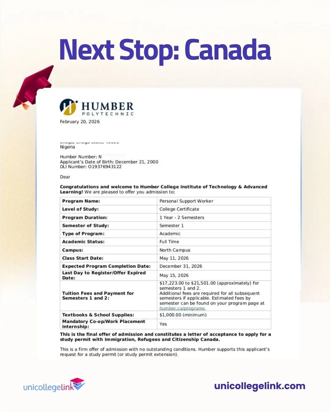 Unicollegelink Facebook ad: Personal Support Worker Offer Letter from Humber College